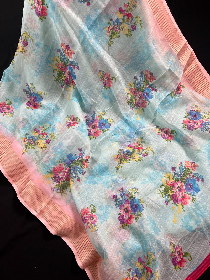 Sky Blue Saree with Pastel Pink Border | Cotton Linen Floral Prints Saree