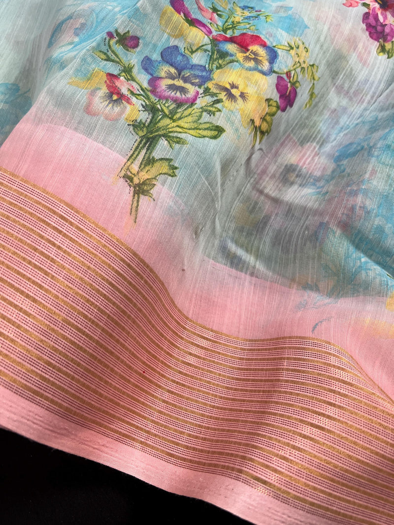 Sky Blue Saree with Pastel Pink Border | Cotton Linen Floral Prints Saree