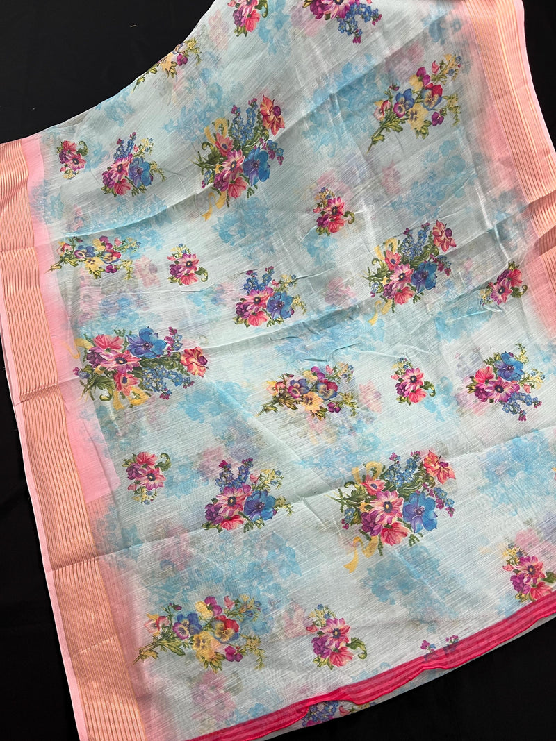 Sky Blue Saree with Pastel Pink Border | Cotton Linen Floral Prints Saree