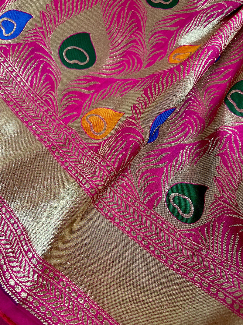 Hot Pink Color Morpankh Saree Traditional Banarasi Silk Handloom Saree with Gold Zari Weave