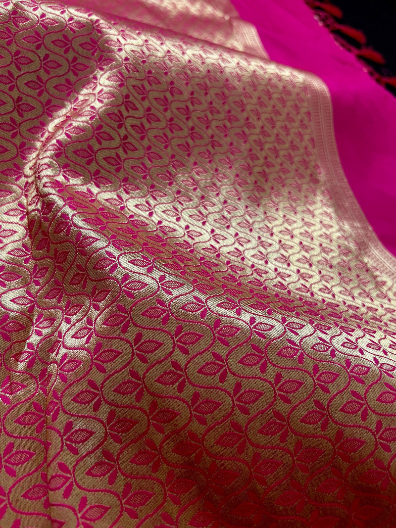 Hot Pink Color Morpankh Saree Traditional Banarasi Silk Handloom Saree with Gold Zari Weave