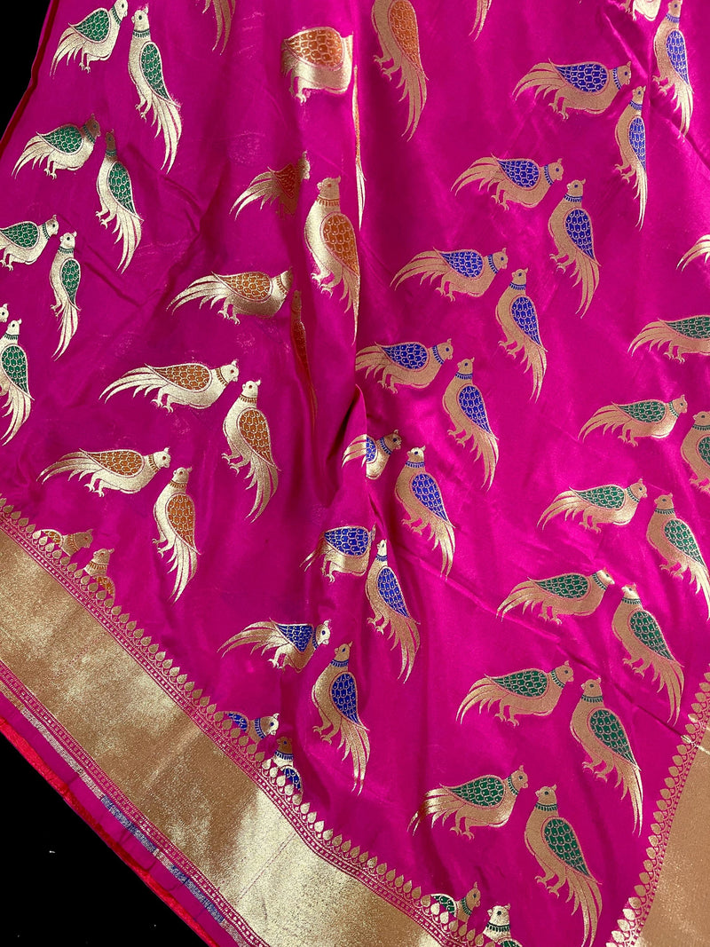 Hot Pink Color Soft Banarasi Silk Saree with Meenakari Work | Parrot Pairs Motifs with Meenakari Work | Soft Silk Sarees