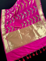 Hot Pink Color Soft Banarasi Silk Saree with Meenakari Work | Parrot Pairs Motifs with Meenakari Work | Soft Silk Sarees