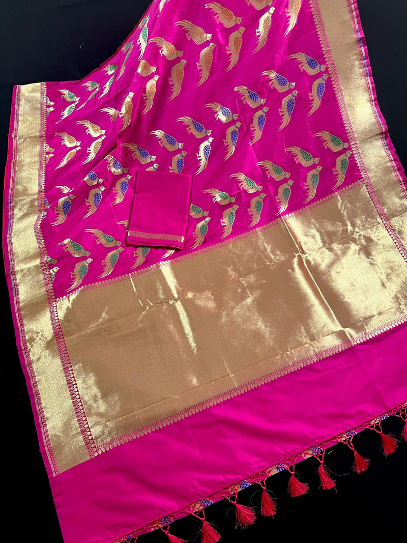 Hot Pink Color Soft Banarasi Silk Saree with Meenakari Work | Parrot Pairs Motifs with Meenakari Work | Soft Silk Sarees