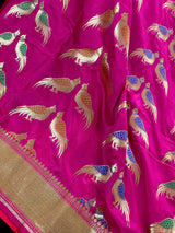 Hot Pink Color Soft Banarasi Silk Saree with Meenakari Work | Parrot Pairs Motifs with Meenakari Work | Soft Silk Sarees