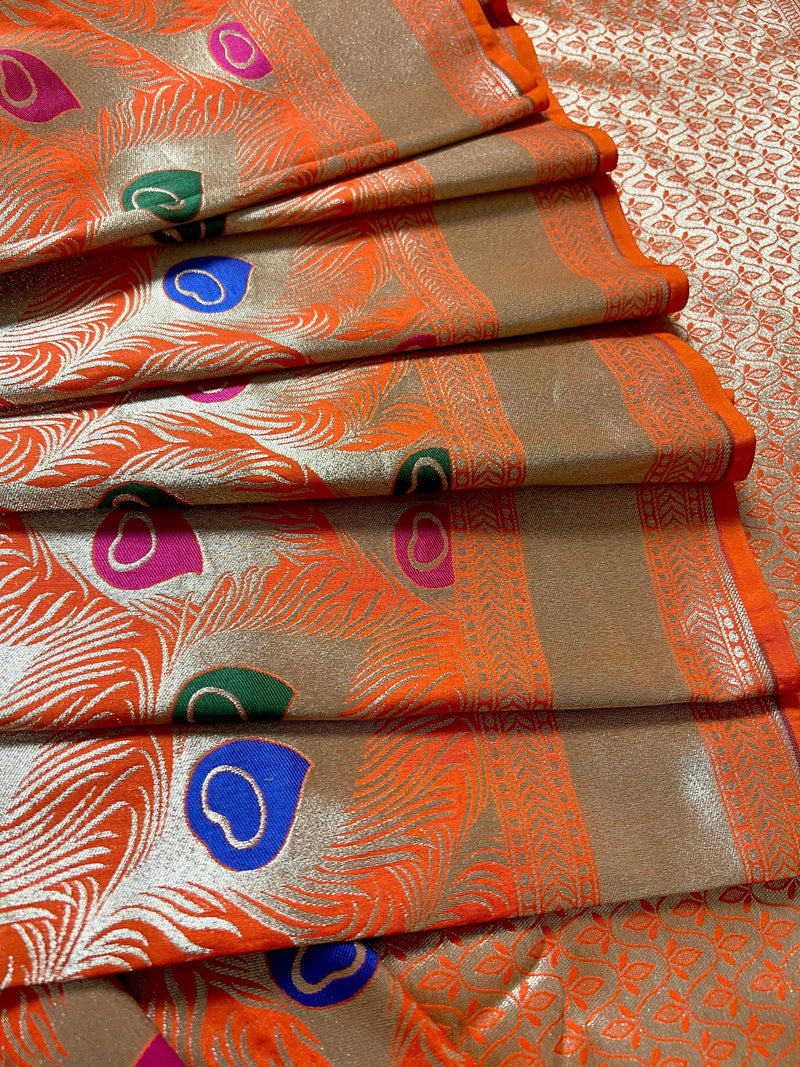 Orange Color Morpankh Saree Traditional Banarasi Silk Handloom Saree with Gold Zari Weave