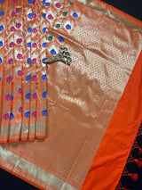 Orange Color Morpankh Saree Traditional Banarasi Silk Handloom Saree with Gold Zari Weave