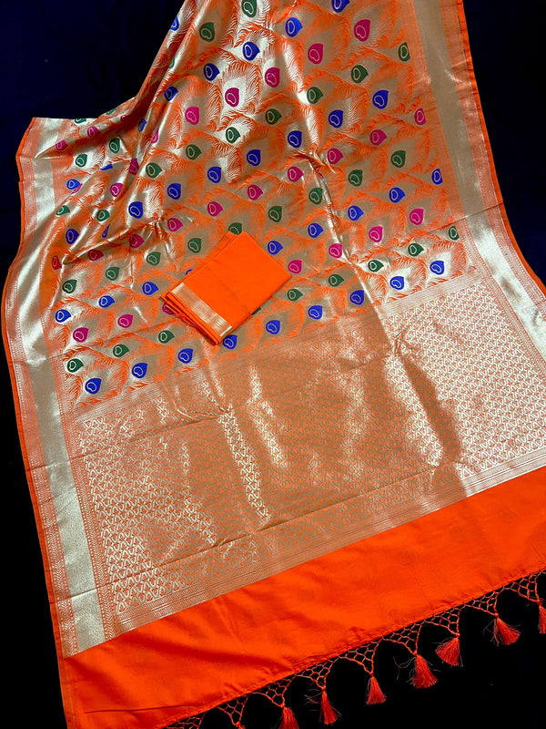 Orange Color Morpankh Saree Traditional Banarasi Silk Handloom Saree with Gold Zari Weave