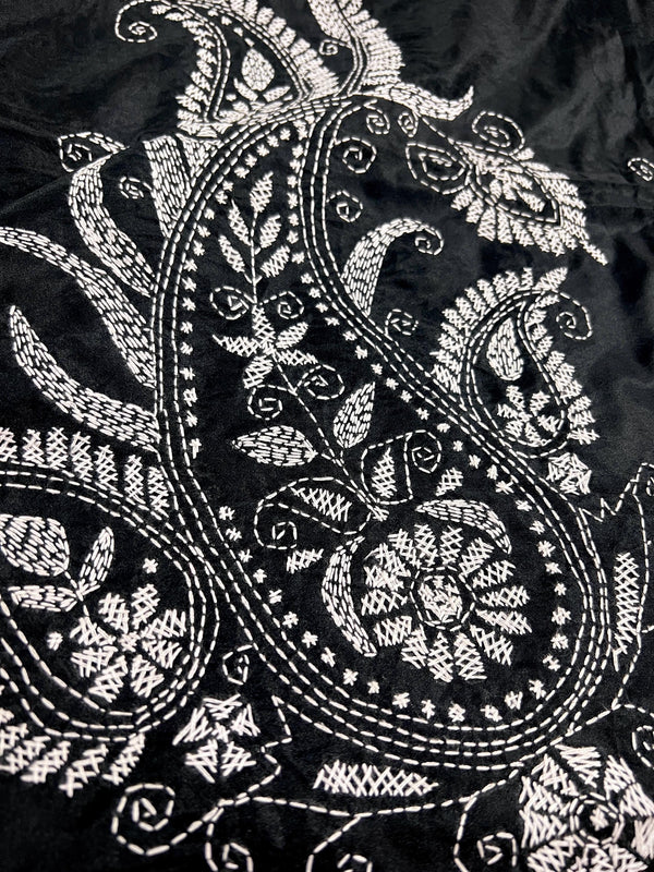 Handmade Black and White Color Bangalori Silk Saree with Handwoven Kantha Stitch Work | Kantha Saree | Bengal Saree | Black Sari