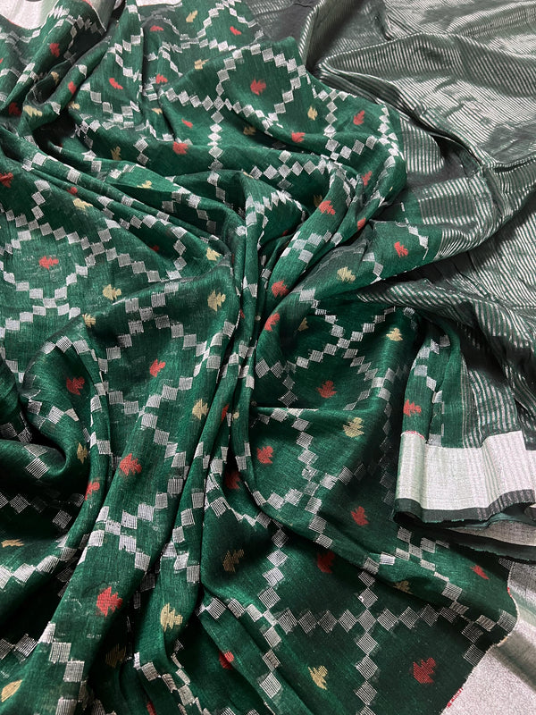 Pine Green Color Bengal Linen Handwoven Saree with Patola Patten with Sliver Zari Weave