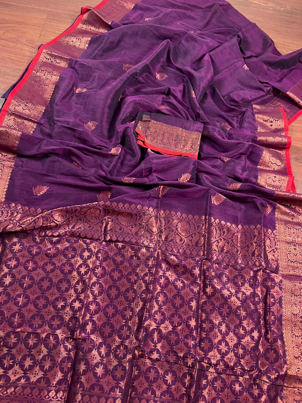 Statement Handmade Purple Color Handloom Bengal Linen Saree with Red Borders and Cooper Zari Weaving  | Linen Saree  | Handwoven Sarees