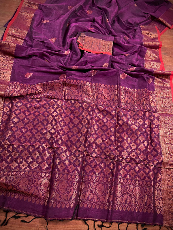 Statement Handmade Purple Color Handloom Bengal Linen Saree with Red Borders and Cooper Zari Weaving  | Linen Saree  | Handwoven Sarees