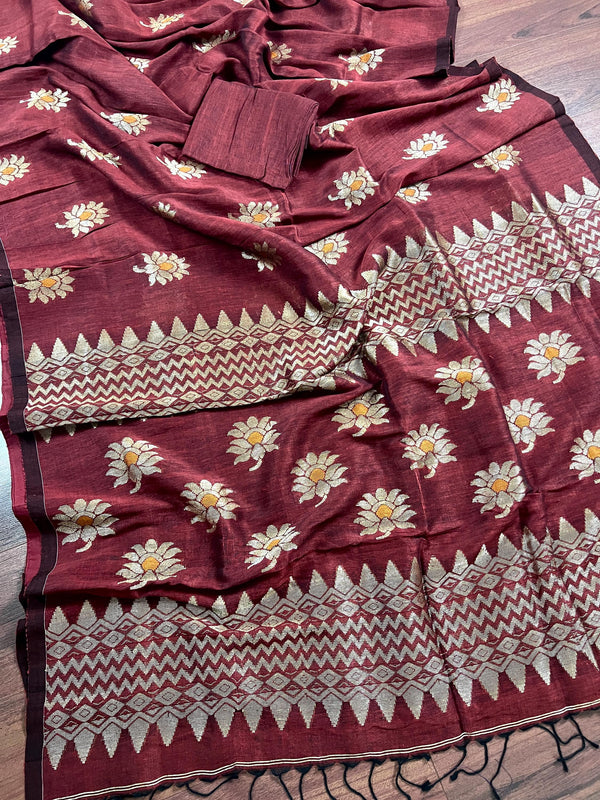 Handmade Deep Maroon Color Saree in Bengal Linen with Muted Gold Zari and Meenakari