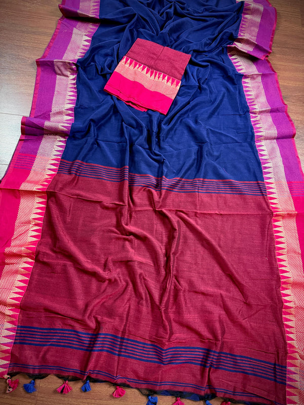 Blue and Purple Pure Khaadi Cotton with Temple Borders | Authentic Handloom Saree | Bengal Sarees | Kaash Collection