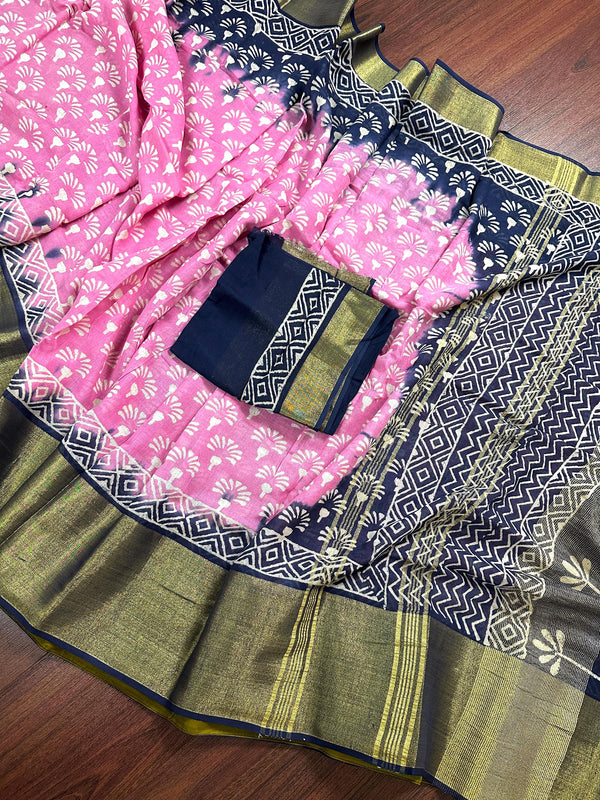 Baby Pink Color Pure Khaadi Linen Cotton with Tissue Borders - Authentic Handloom Saree - Bengal Sarees - Kaash Collection