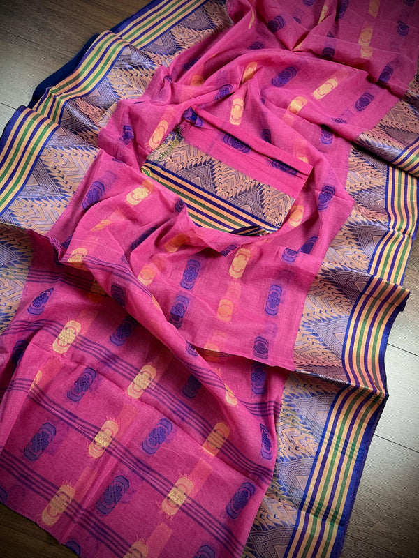 Pink Color Bengal Jamdani Tant Saree in Cotton | Bengal Sarees | Jamdani Tant Saree