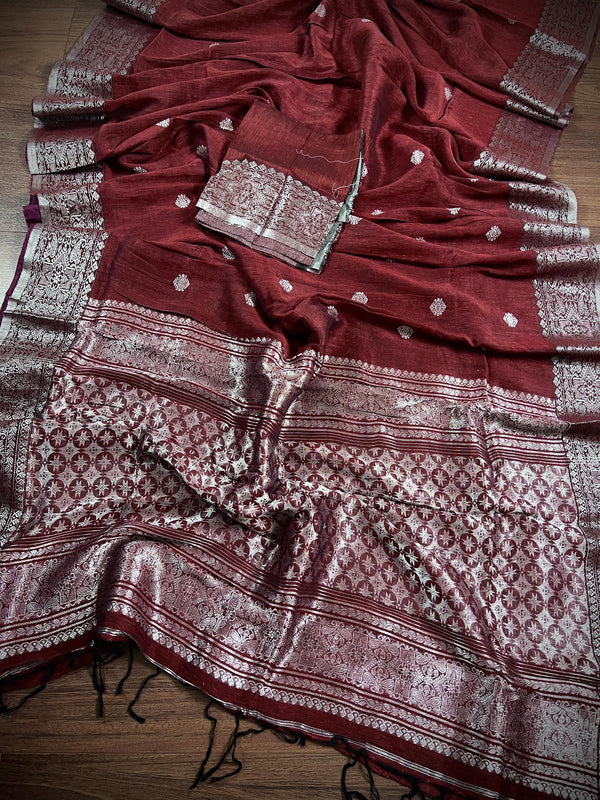 Wine Color Bengal Linen Handwoven Saree with Sliver Zari Weave