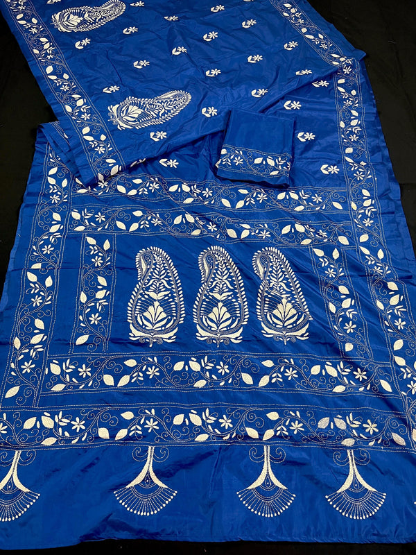 Royal Blue Color Bangalori Silk Saree with Hand Kantha Stitch | Handwoven Kantha Stitch Sarees | Kantha Saress | Silk Sarees