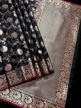 Statement Handmade Black Color Semi Katan Banarasi Silk Saree