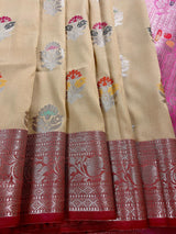 Statement Handmade Biscuit Color Banarasi Semi Katan Silk Saree with Meenakari and Muted Gold Zari Weave with Pink Border