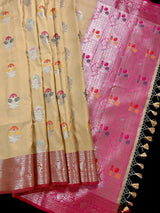 Statement Handmade Biscuit Color Banarasi Semi Katan Silk Saree with Meenakari and Muted Gold Zari Weave with Pink Border