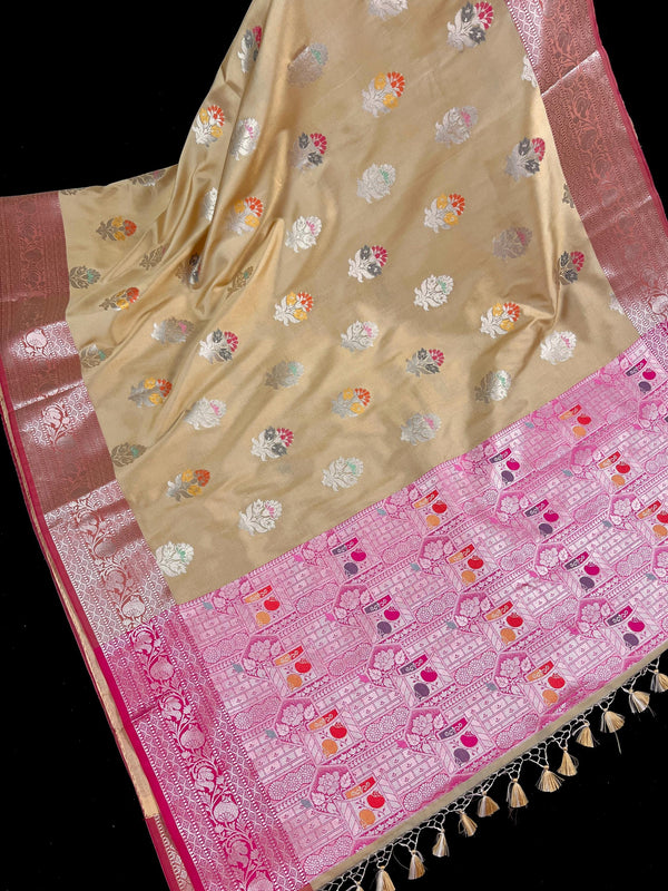 Statement Handmade Biscuit Color Banarasi Semi Katan Silk Saree with Meenakari and Muted Gold Zari Weave with Pink Border