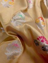 Statement Handmade Biscuit Color Banarasi Semi Katan Silk Saree with Meenakari and Muted Gold Zari Weave with Pink Border