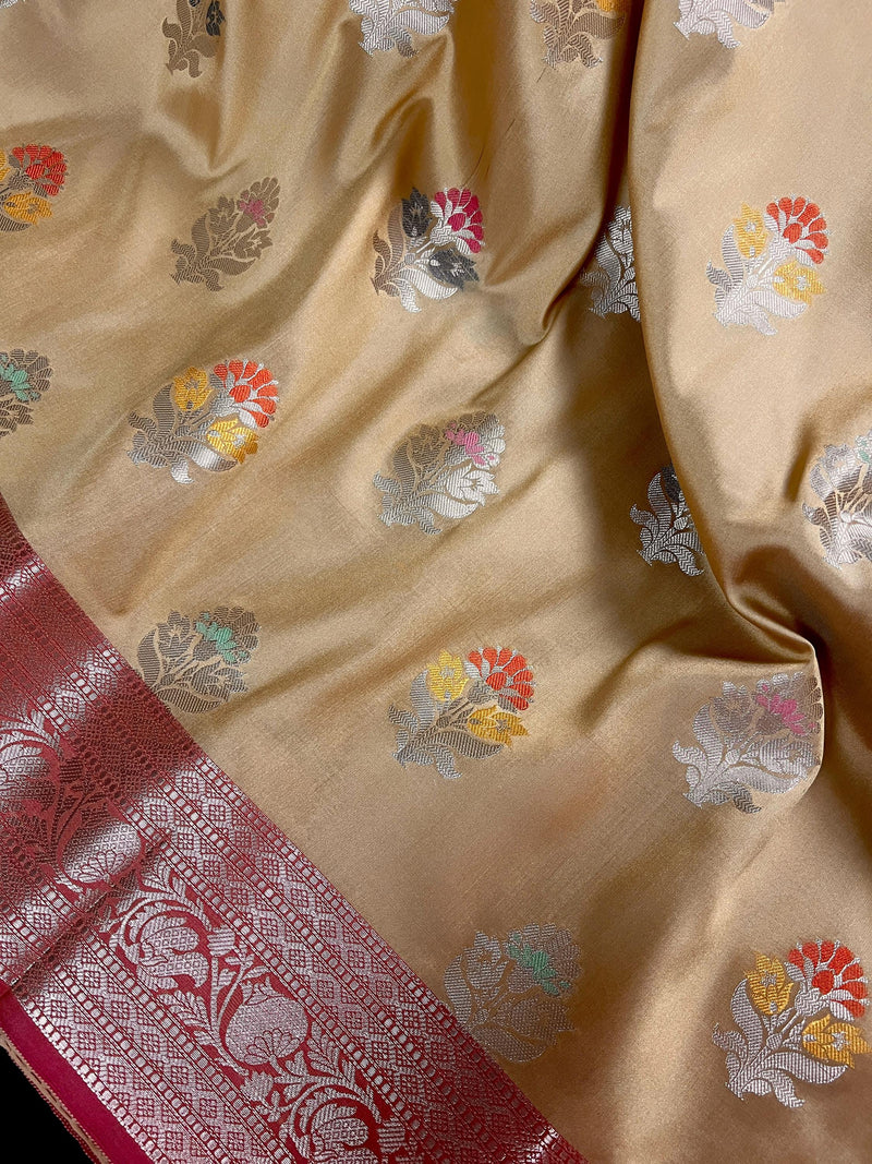 Statement Handmade Biscuit Color Banarasi Semi Katan Silk Saree with Meenakari and Muted Gold Zari Weave with Pink Border