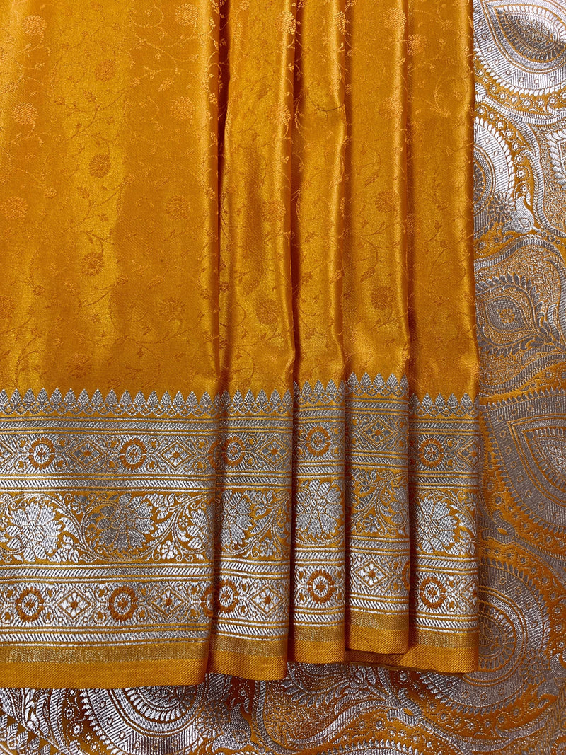 Semi Pure Turmeric Yellow Color Soft Mashru Silk handloom Tanchoi Saree with Gold Banarasi Border and Pallu - Banarasi Mashru Silk Saree