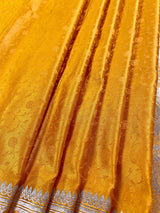 Semi Pure Turmeric Yellow Color Soft Mashru Silk handloom Tanchoi Saree with Gold Banarasi Border and Pallu - Banarasi Mashru Silk Saree