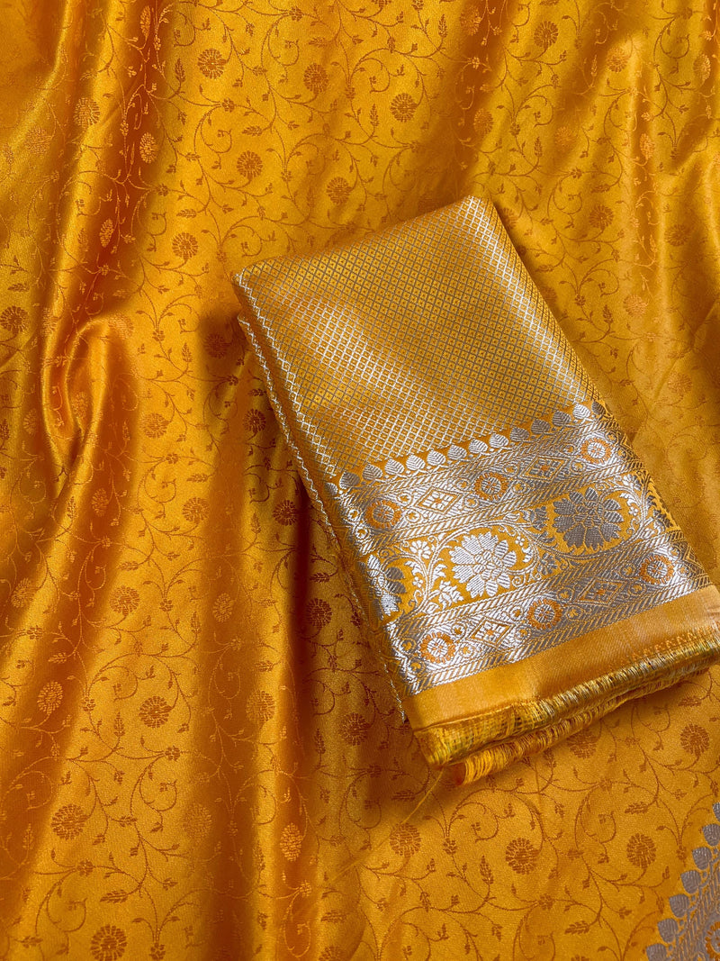 Semi Pure Turmeric Yellow Color Soft Mashru Silk handloom Tanchoi Saree with Gold Banarasi Border and Pallu - Banarasi Mashru Silk Saree