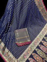 Blue Color Traditional Banarasi Handloom Saree in Soft Satin Silk with Meenakari and Sliver Zari Weave