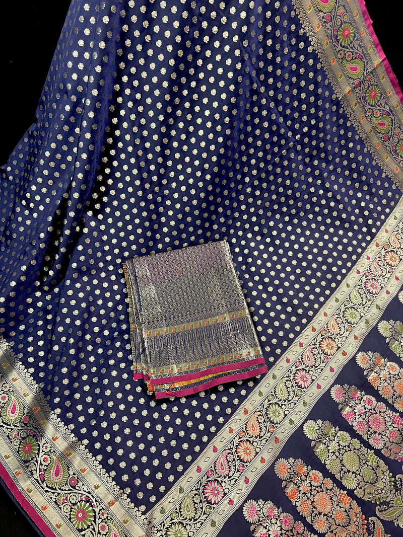 Blue Color Traditional Banarasi Handloom Saree in Soft Satin Silk with Meenakari and Sliver Zari Weave