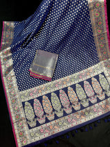 Blue Color Traditional Banarasi Handloom Saree in Soft Satin Silk with Meenakari and Sliver Zari Weave