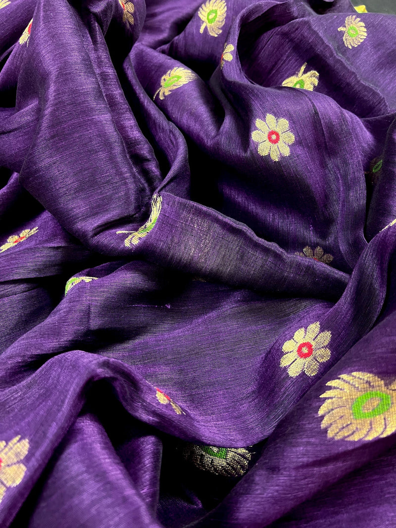 Handmade Eggplant Purple and Green Color Linen blend with Cotton Silk Handloom Saree with Zari Weave and Meenakari