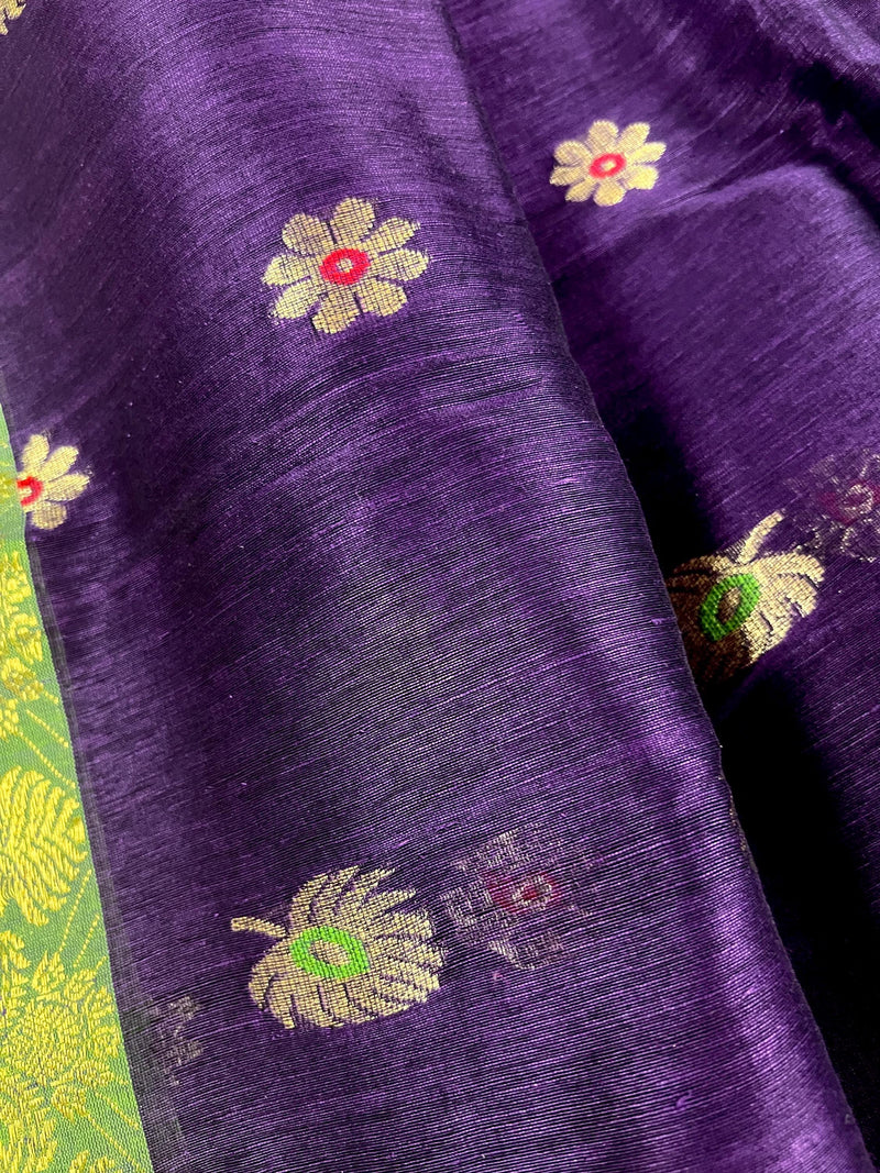 Handmade Eggplant Purple and Green Color Linen blend with Cotton Silk Handloom Saree with Zari Weave and Meenakari