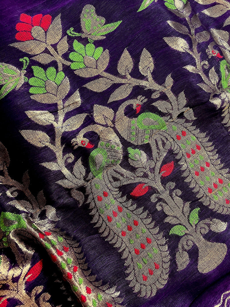 Handmade Eggplant Purple and Green Color Linen blend with Cotton Silk Handloom Saree with Zari Weave and Meenakari