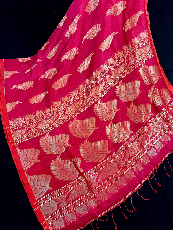 Handmade Rani Pink Color Linen blend with Cotton Silk Handloom Saree with Zari Weave