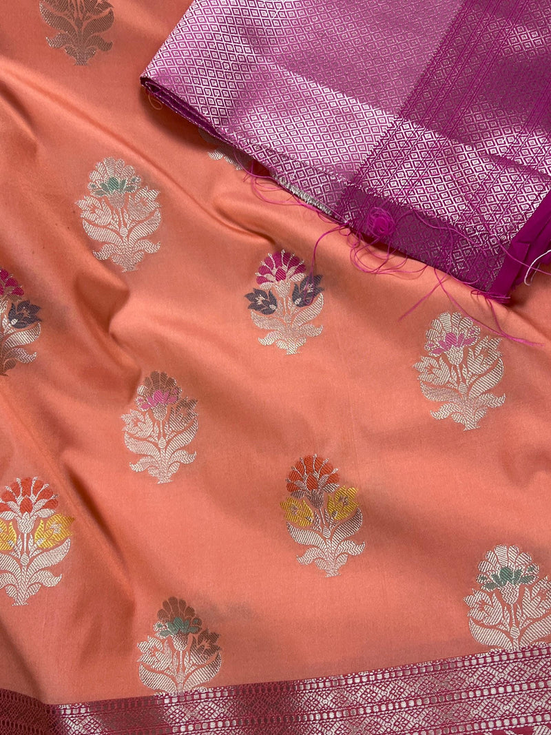 Statement Handmade Peach Color Banarasi Semi Katan Silk Saree with Meenakari and Muted Gold Zari Weave with Pink Border