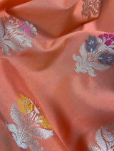 Statement Handmade Peach Color Banarasi Semi Katan Silk Saree with Meenakari and Muted Gold Zari Weave with Pink Border