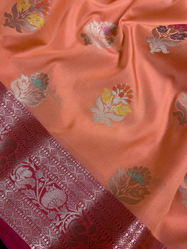 Statement Handmade Peach Color Banarasi Semi Katan Silk Saree with Meenakari and Muted Gold Zari Weave with Pink Border