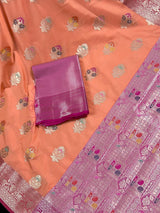 Statement Handmade Peach Color Banarasi Semi Katan Silk Saree with Meenakari and Muted Gold Zari Weave with Pink Border