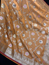 Statement Handmade Gold Color Banarasi Semi Katan Silk Saree with Meenakari and Muted Gold Zari Weave