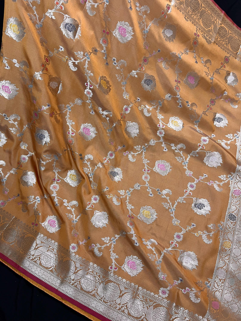 Statement Handmade Gold Color Banarasi Semi Katan Silk Saree with Meenakari and Muted Gold Zari Weave