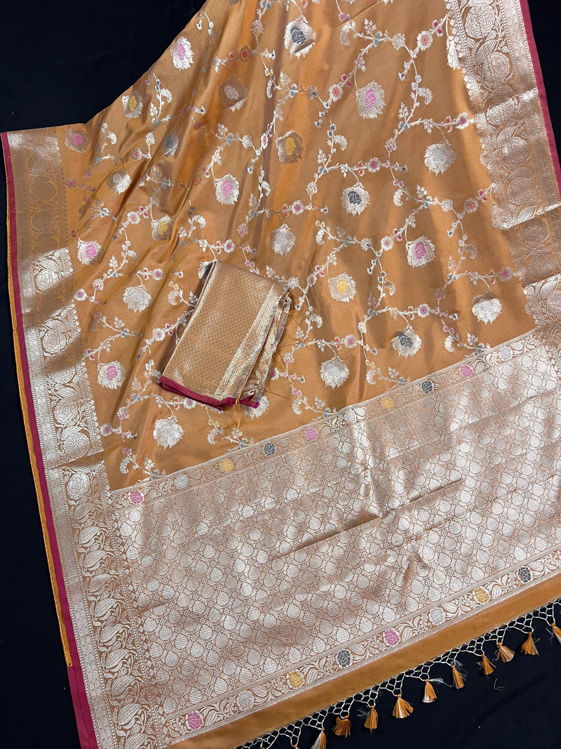 Statement Handmade Gold Color Banarasi Semi Katan Silk Saree with Meenakari and Muted Gold Zari Weave