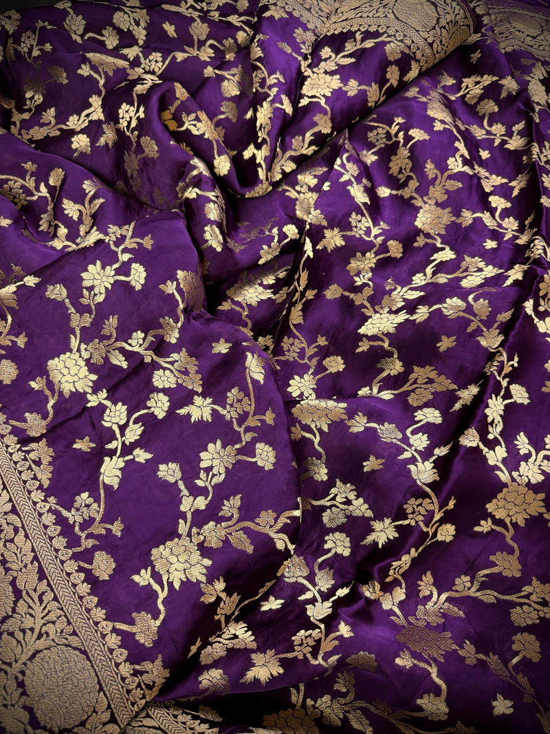 Statement Eggplant Purple Color Pure Banarasi Satin Crepe Silk Saree with Gold Zari Jaal Weaved