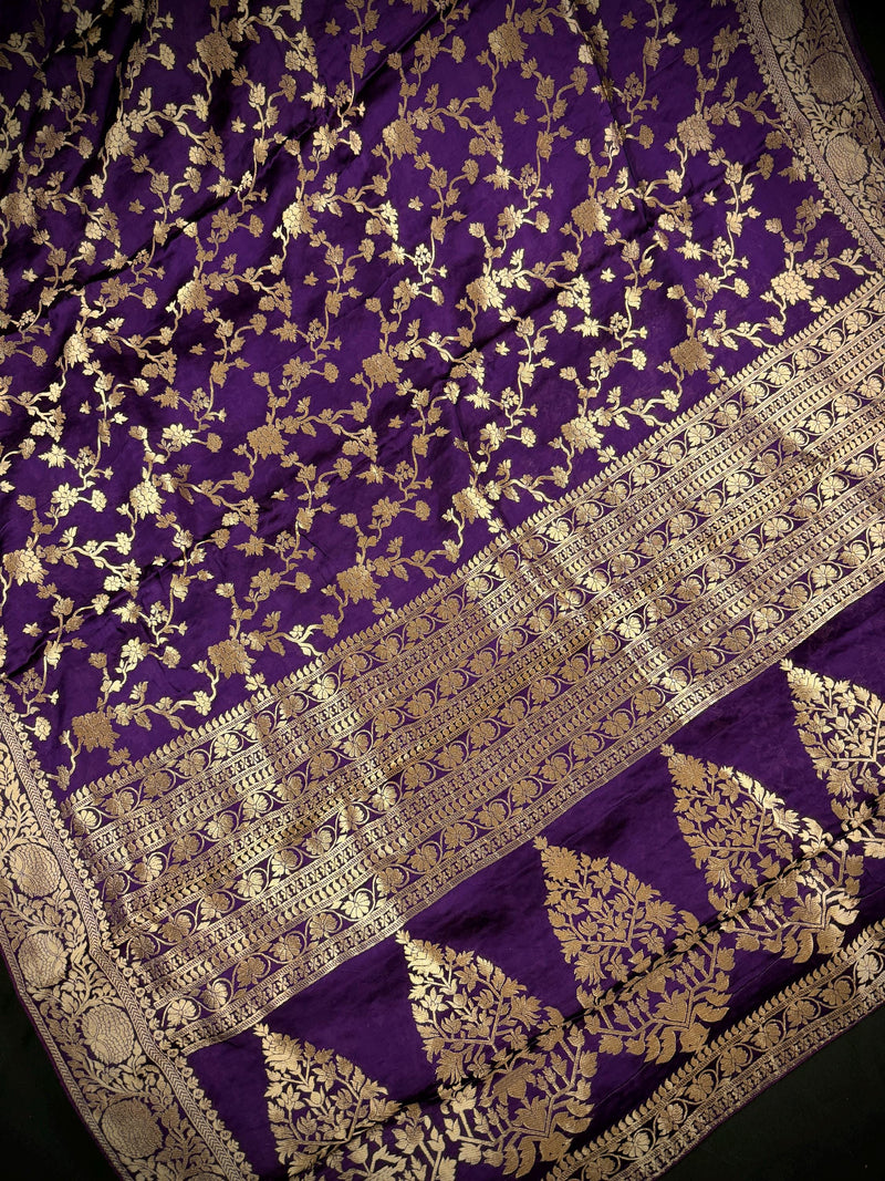 Statement Eggplant Purple Color Pure Banarasi Satin Crepe Silk Saree with Gold Zari Jaal Weaved