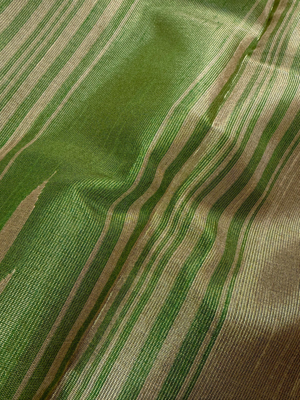 Handwoven Statement Greenish Gold Pure Tussar Tissue Saree with Temple Border | Ships from California