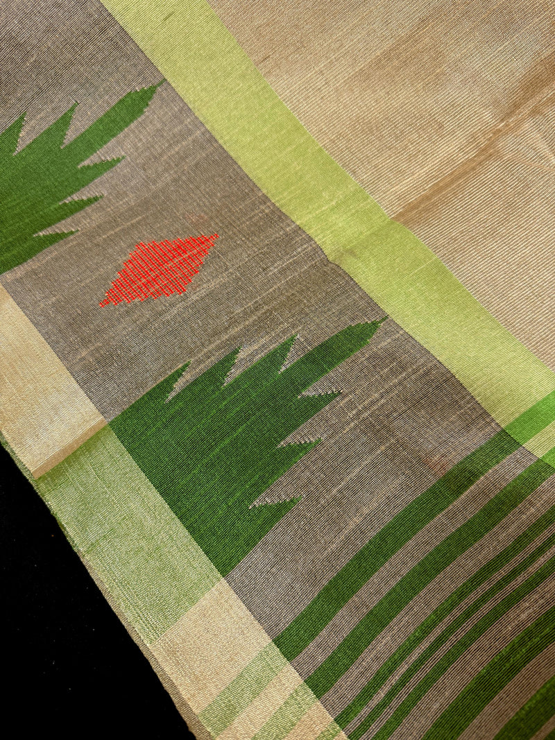 Handwoven Statement Greenish Gold Pure Tussar Tissue Saree with Temple Border | Ships from California
