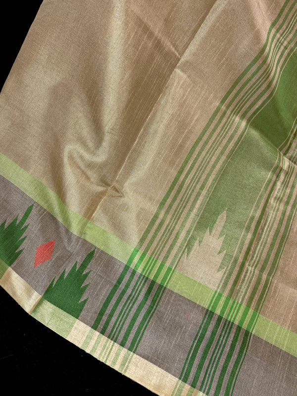 Handwoven Statement Greenish Gold Pure Tussar Tissue Saree with Temple Border | Ships from California